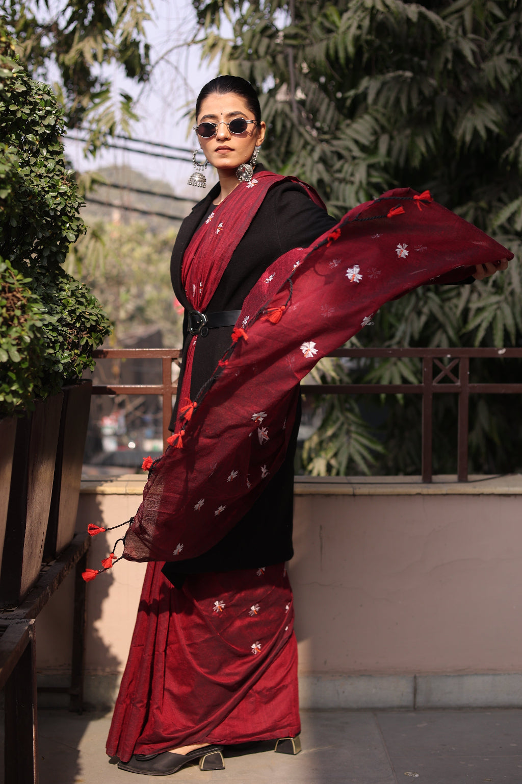 Shanti - Maroon Khadi Saree with Zen-Inspired Buddha Blouse.