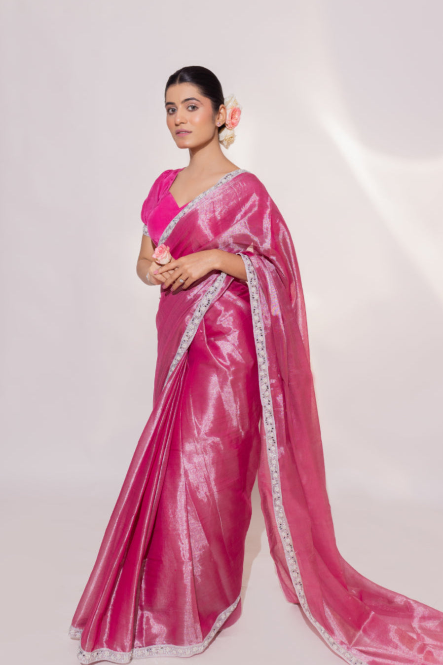 Roohi – Pink Tissue Saree with Mirror Work Border