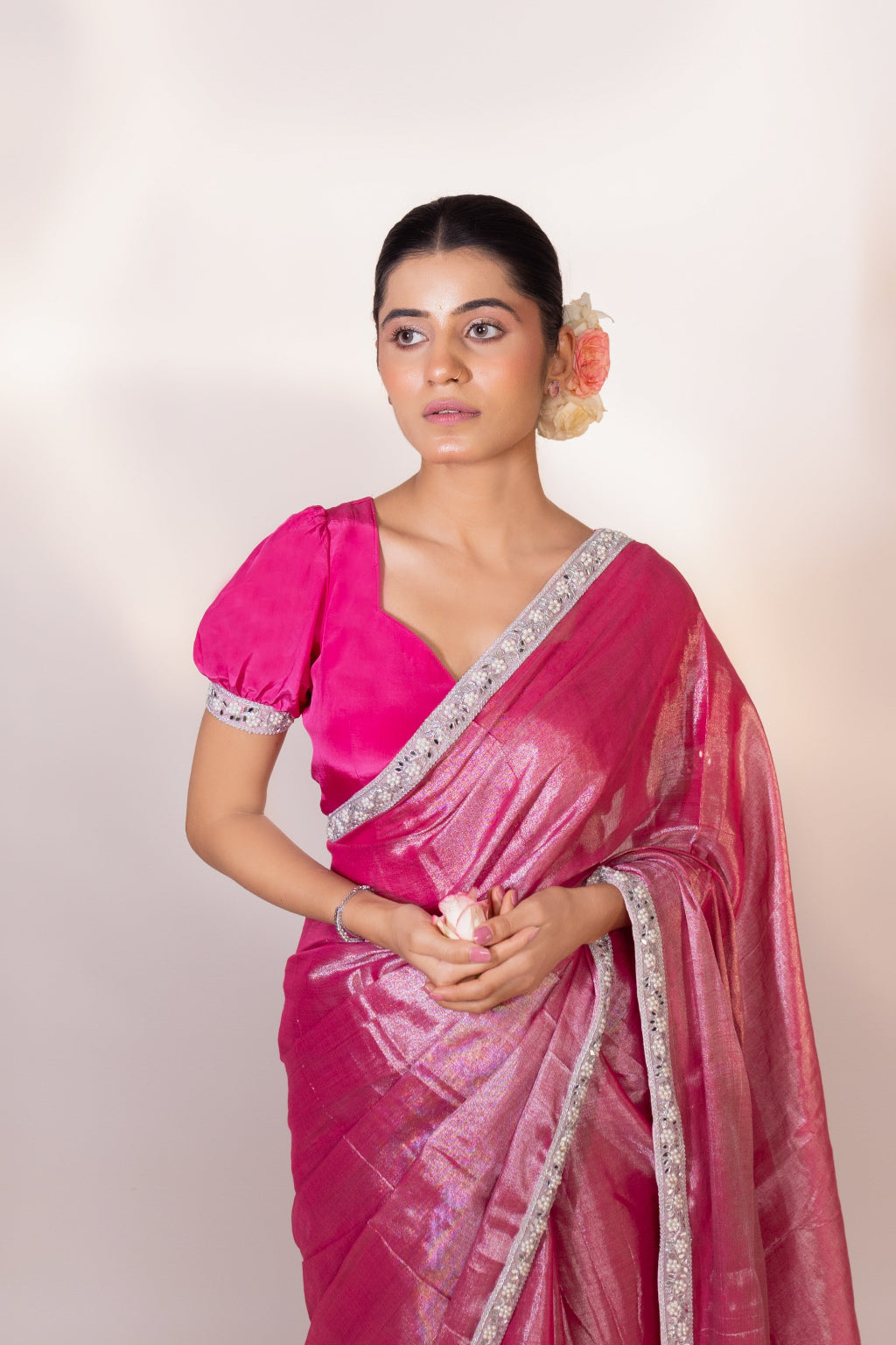 Roohi – Pink Tissue Saree with Mirror Work Border