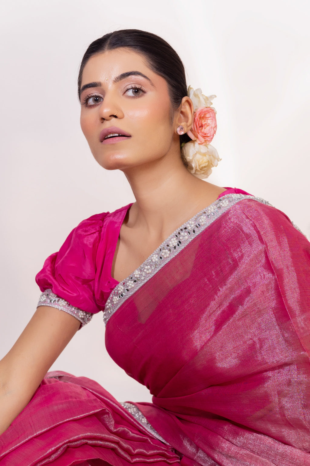 Roohi – Pink Tissue Saree with Mirror Work Border