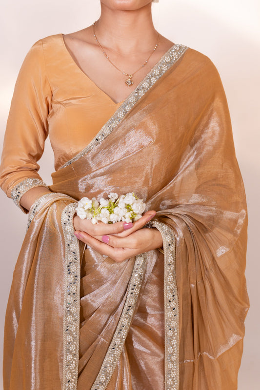 Mehreen – Beige Tissue Saree with Sequin Embellished Border