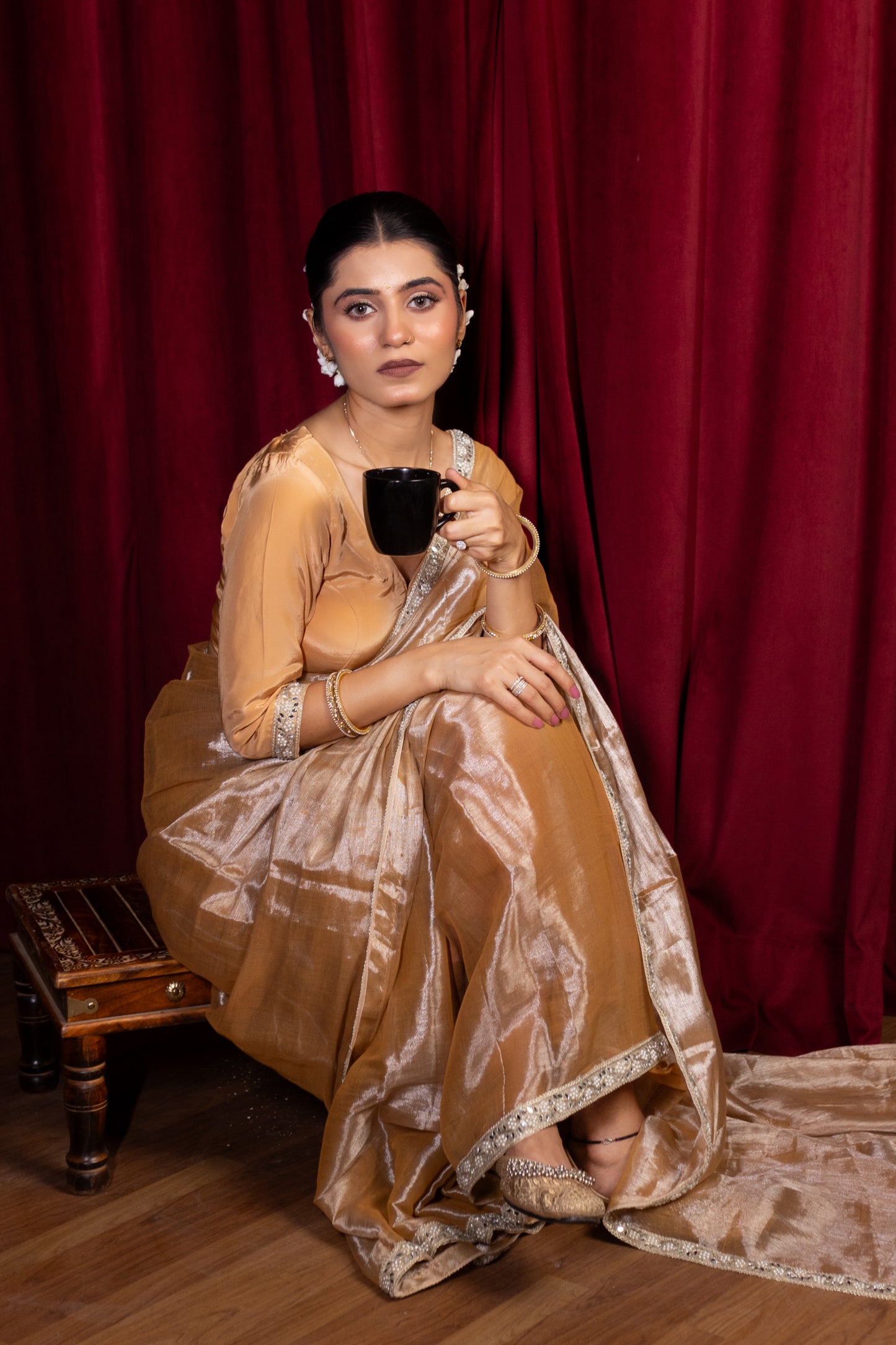 Mehreen – Beige Tissue Saree with Sequin Embellished Border