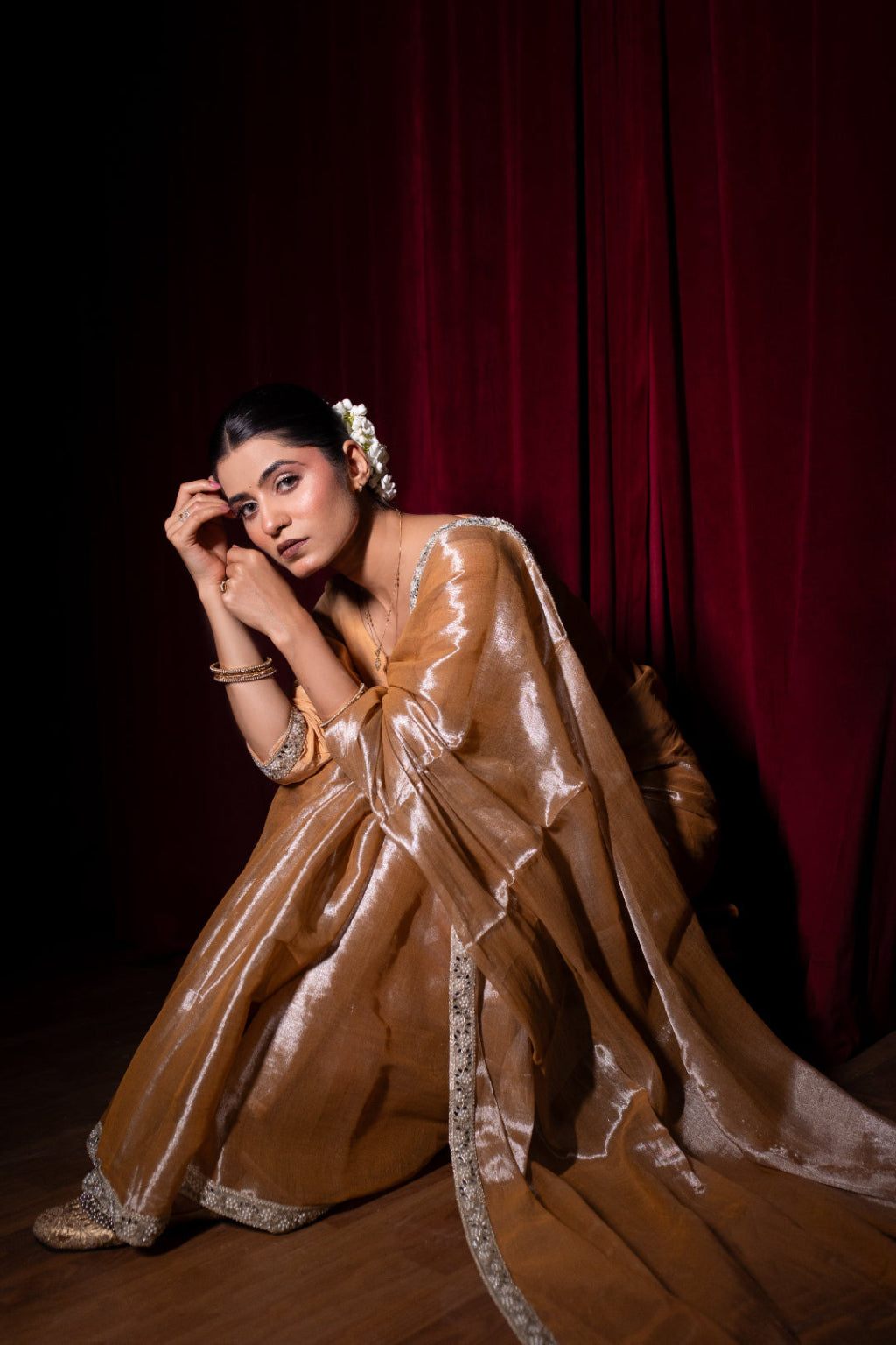 Mehreen – Beige Tissue Saree with Sequin Embellished Border