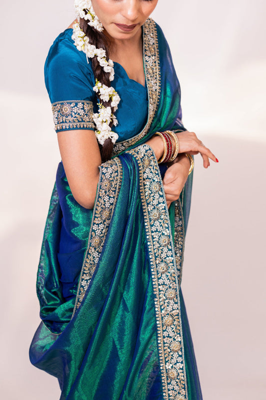 Neelima – Peacock Tissue Saree with Floral Zardozi Border