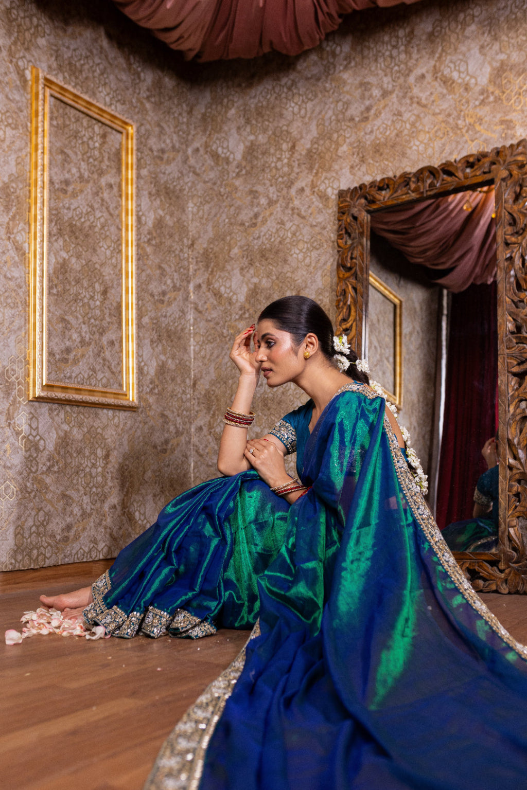 Neelima – Peacock Tissue Saree with Floral Zardozi Border