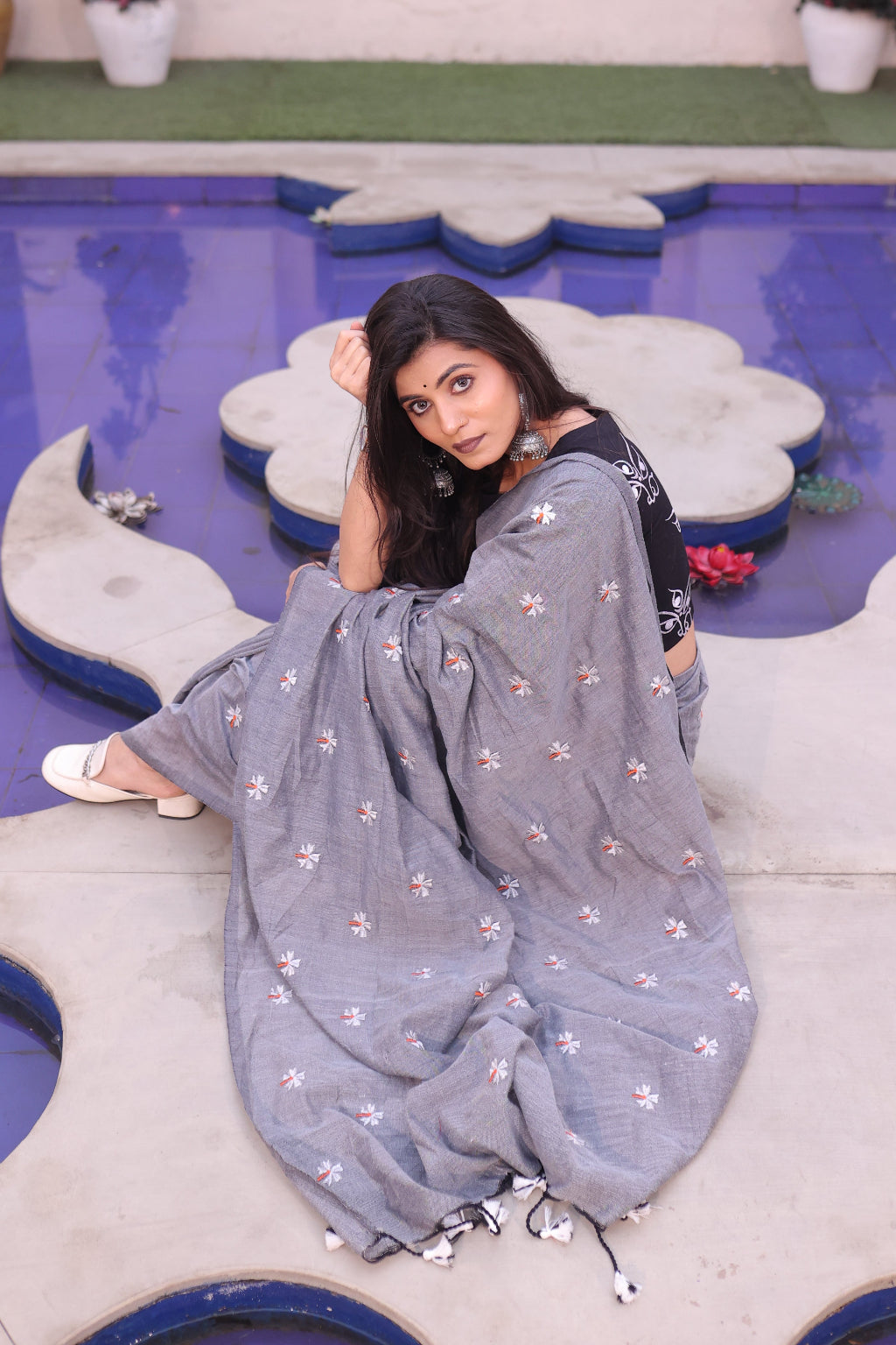 Shakti - Grey Khadi Saree with Divine Durga Embroidered Blouse