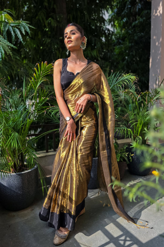 Sunehri – Golden Tissue Saree with Black Contrast Edging