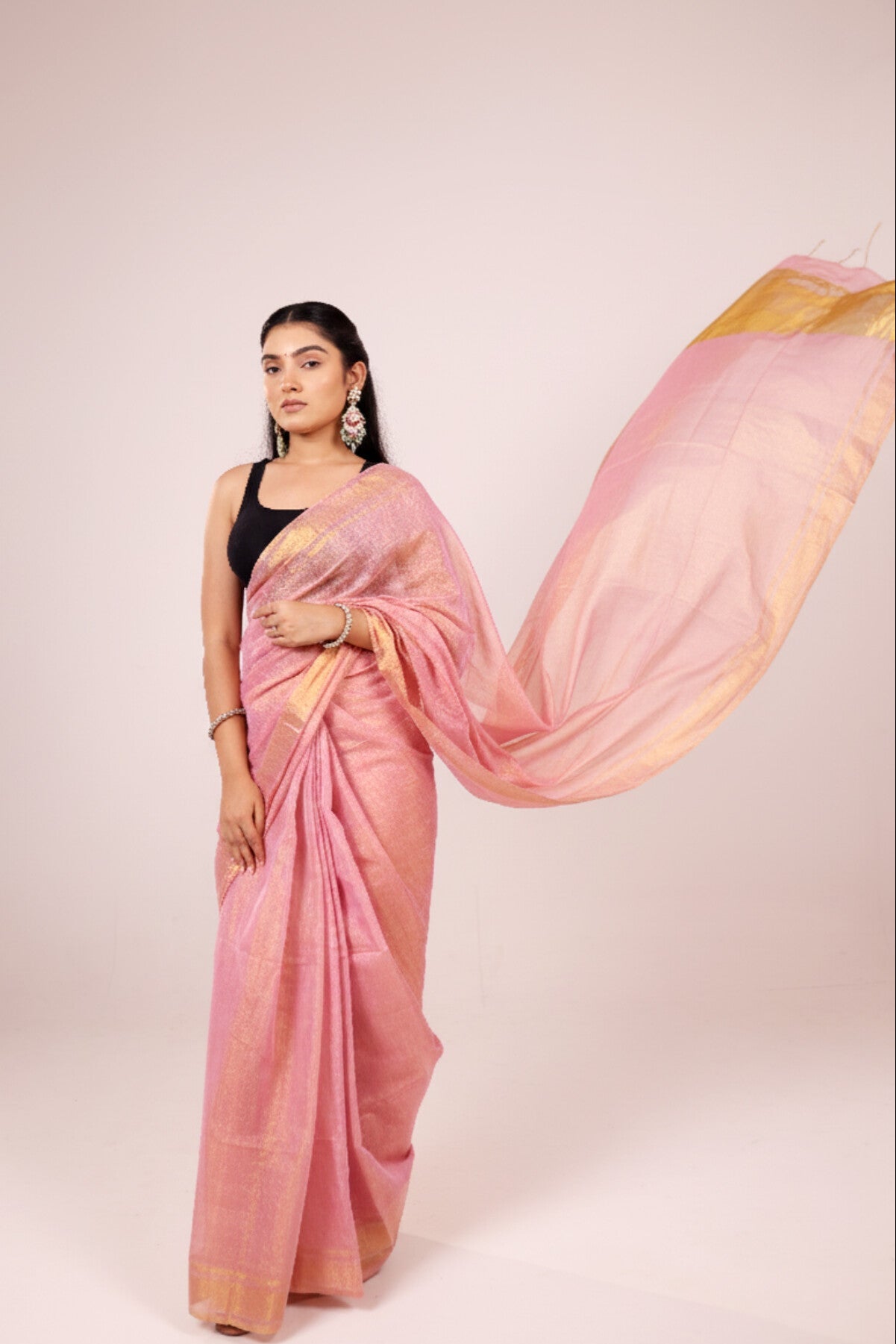 Apsara(Light Pink/Rose Gold) - Shimmering Tissue-Linen Saree for Festive Celebrations