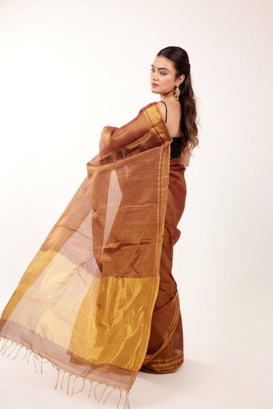 Apsara(Copper/Rusty Gold) - Shimmering Tissue-Linen Saree for Festive Celebrations