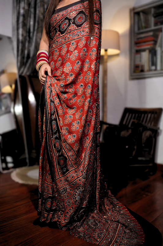 Sheesh Rooh - Handcrafted Ajrakh Modal Silk Saree with Mirror Work