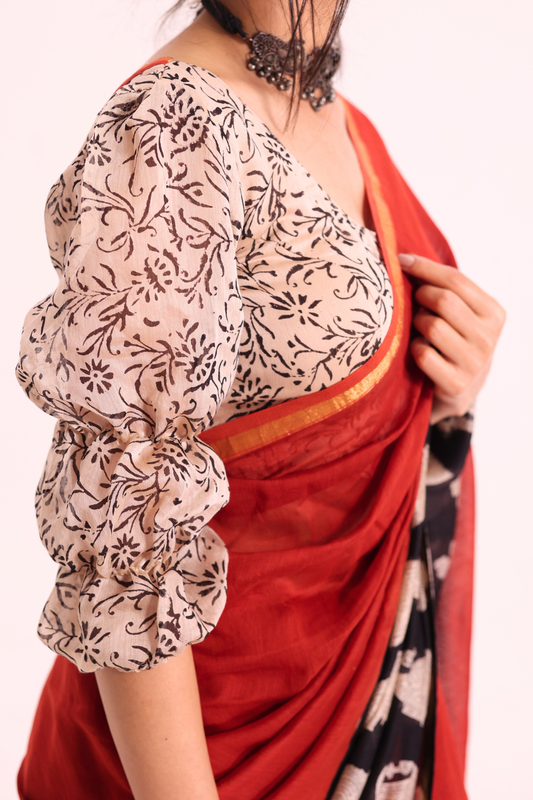 Piku ā Earthy Red Chanderi Silk Saree with Paisley Block Prints