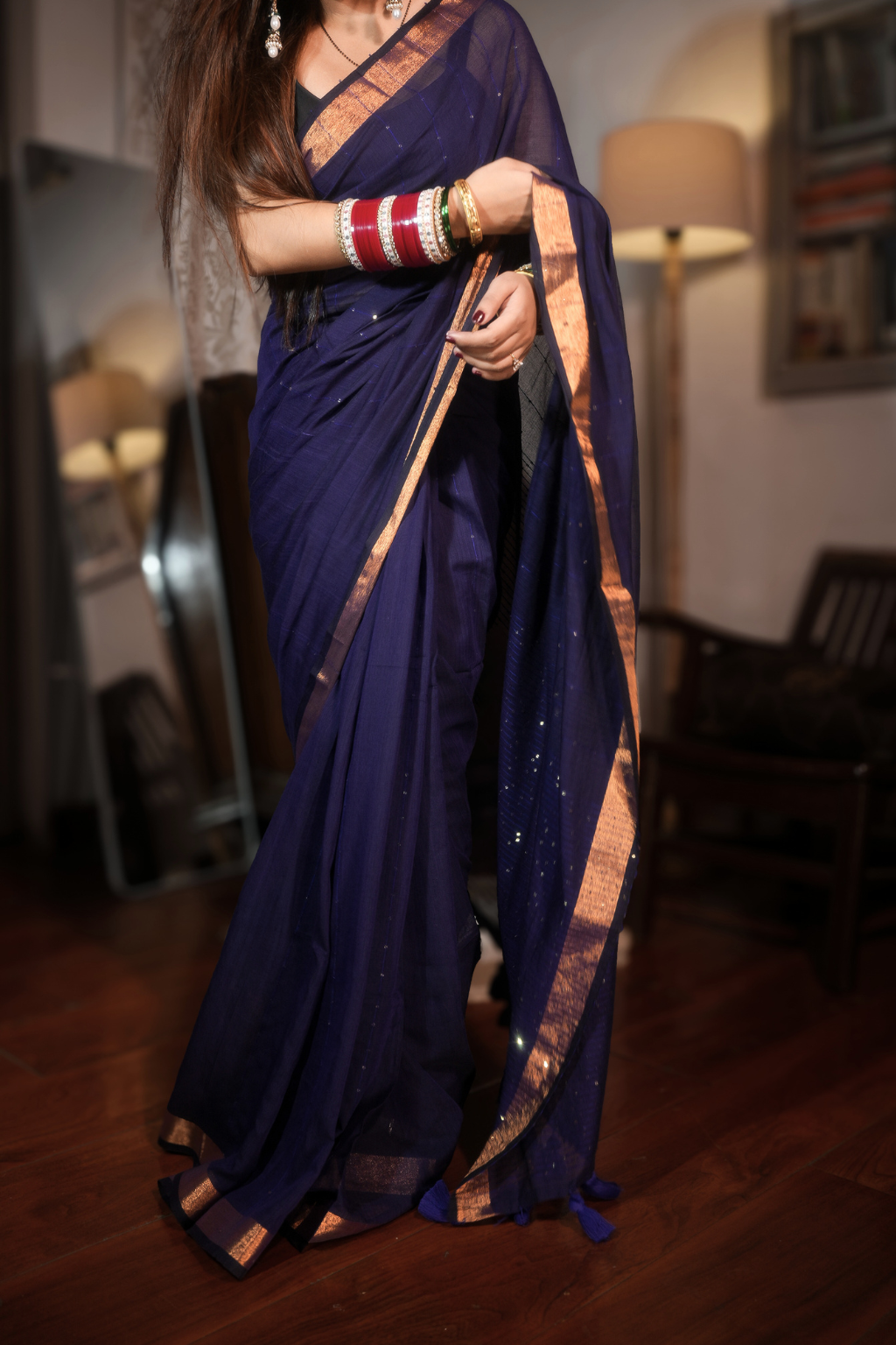 Neel Sitara - Royal Navy Blue Pure Mul Cotton Saree with Sequins & Zari Border