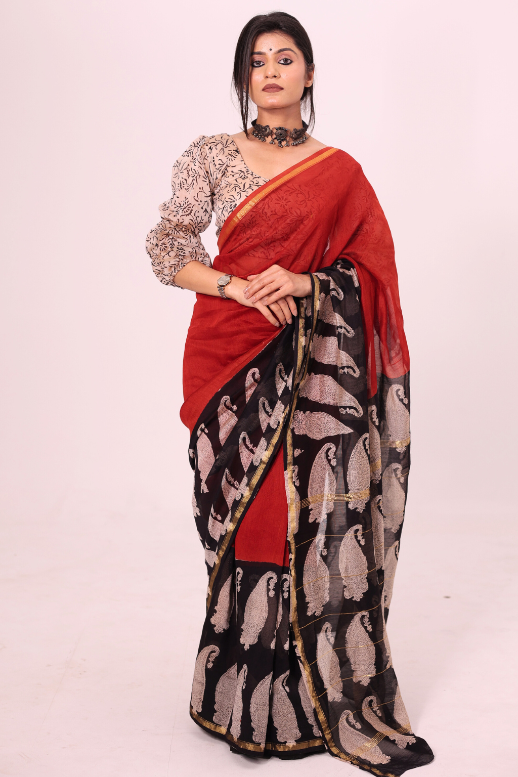 Piku – Earthy Red Chanderi Saree with Paisley Block Prints