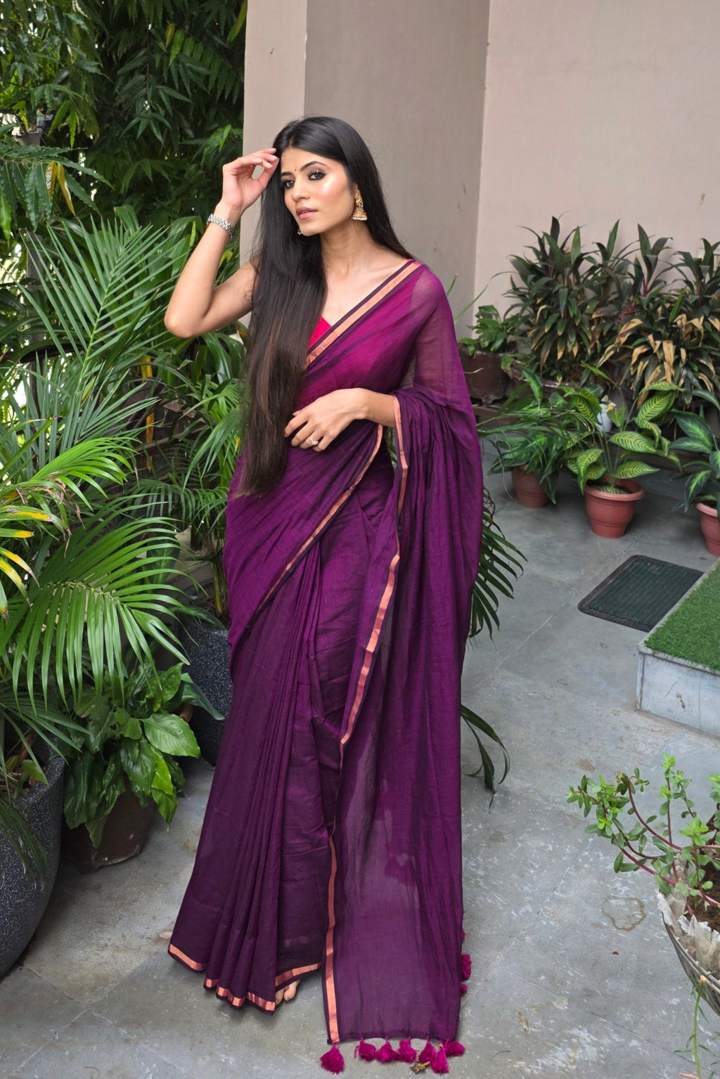 Jamuni – Wine Purple Mul Cotton Saree with Zari