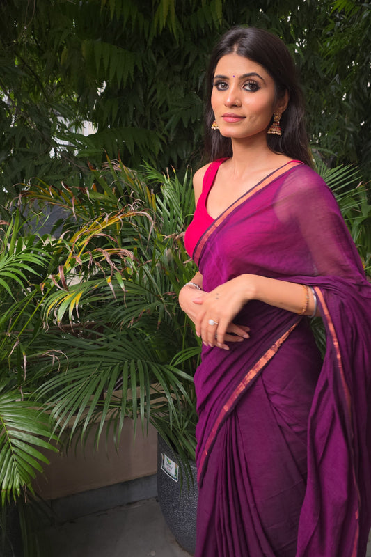 Jamuni – Wine Purple Mul Cotton Saree with Zari