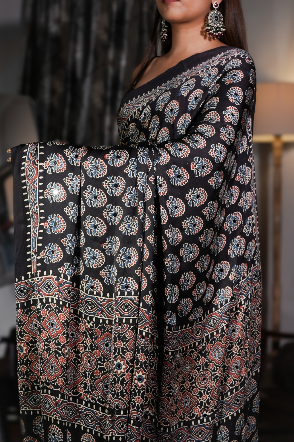 Sheesh Sultana - Jet Black Ajrakh Modal Silk Saree with Mirror Work Product Description: