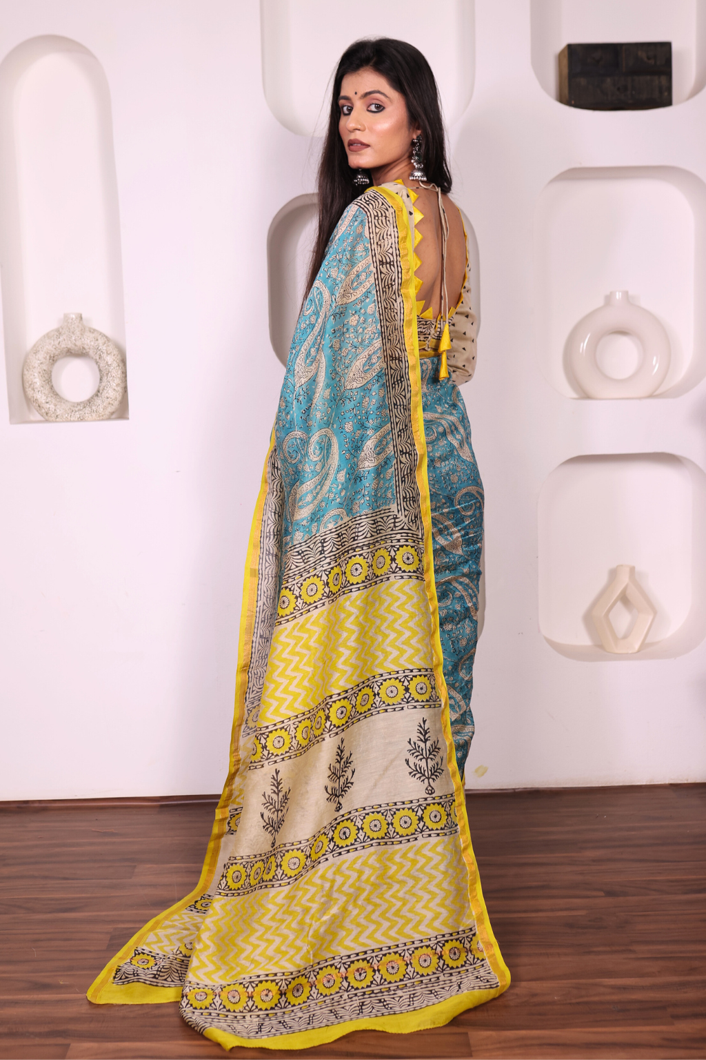 Amrapali – Luminous Turquoise Chanderi Saree with Mustard Block Prints