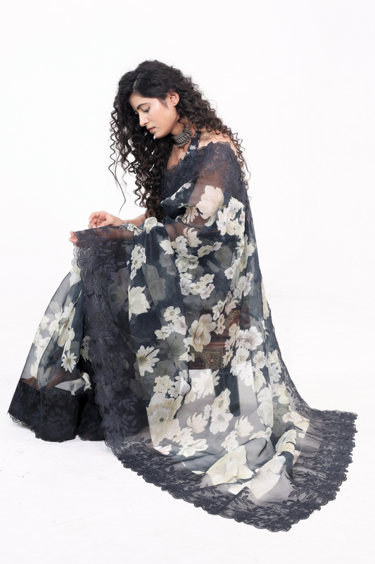 Nargis - Black Floral Kora Organza Saree with Scalloped Embroidery