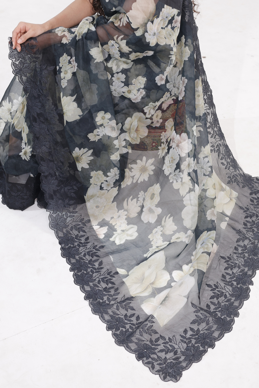 Nargis - Black Floral Kora Organza Saree with Scalloped Embroidery