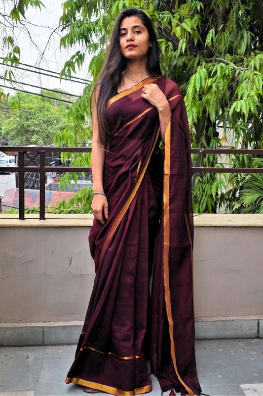 Meher - Deep Wine Mul Cotton Saree with Golden Zari Borders