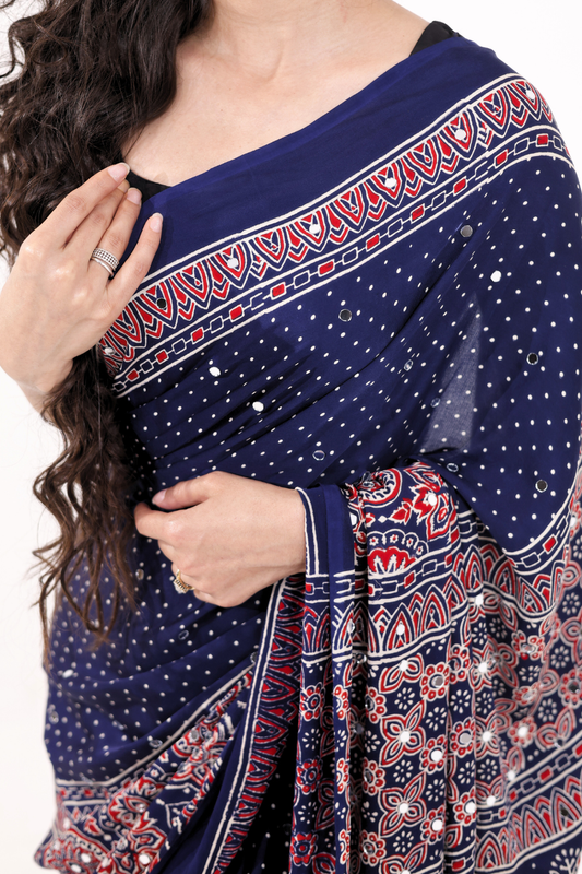 Sheesh Sitara - Midnight Indigo Modal Silk Saree with 2000 Hand-Set Mirrors