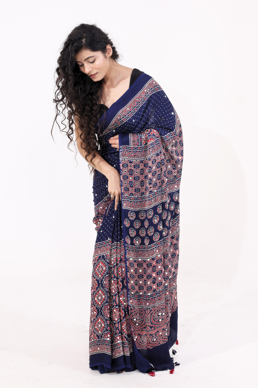 Sheesh Sitara - Midnight Indigo Modal Silk Saree with 2000 Hand-Set Mirrors