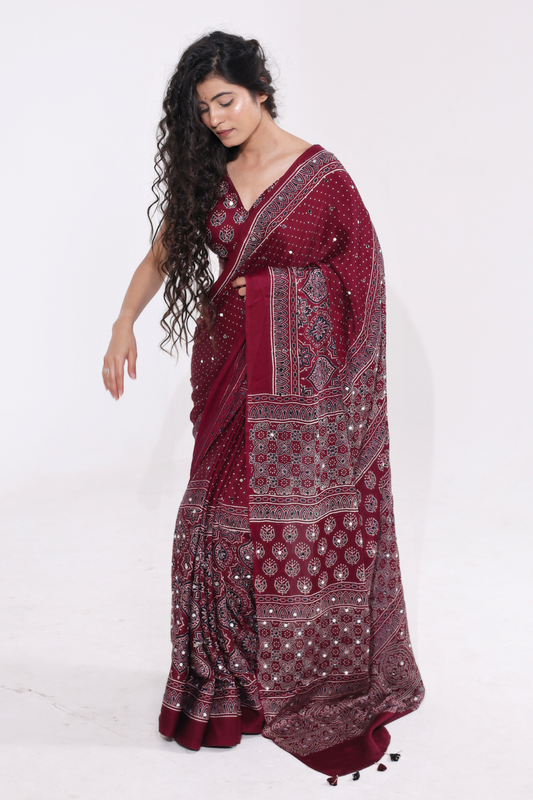 Sheesh Noor - Deep Wine Ajrakh Modal Silk Saree with 2000 Hand-Set Mirrors
