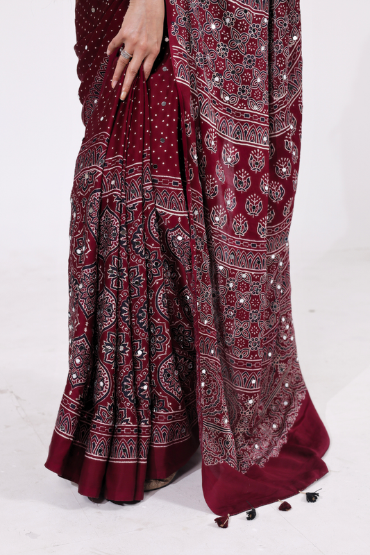 Sheesh Noor - Deep Wine Ajrakh Modal Silk Saree with 2000 Hand-Set Mirrors