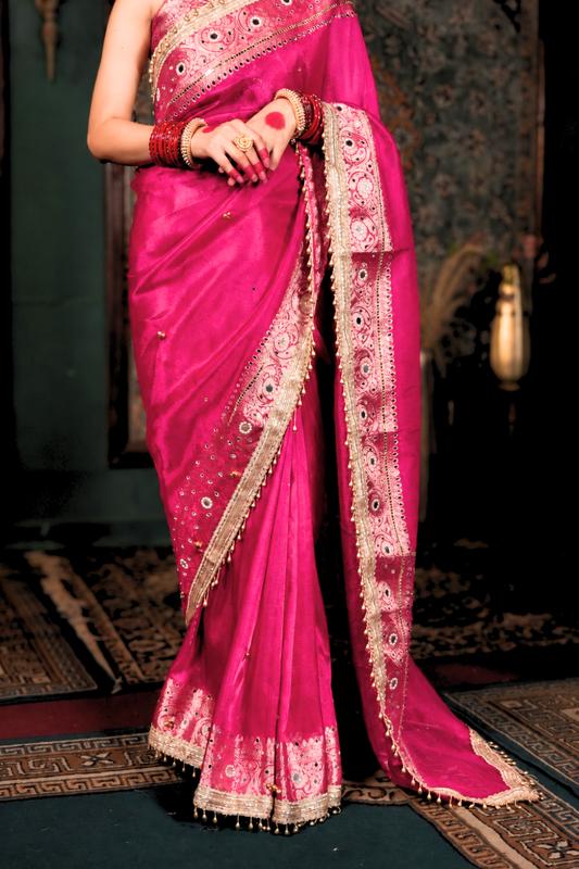 Gulaal - Pink Ghungroo Handcrafted Banarasi Tissue Saree with Mirror Work & Pearl Tassels