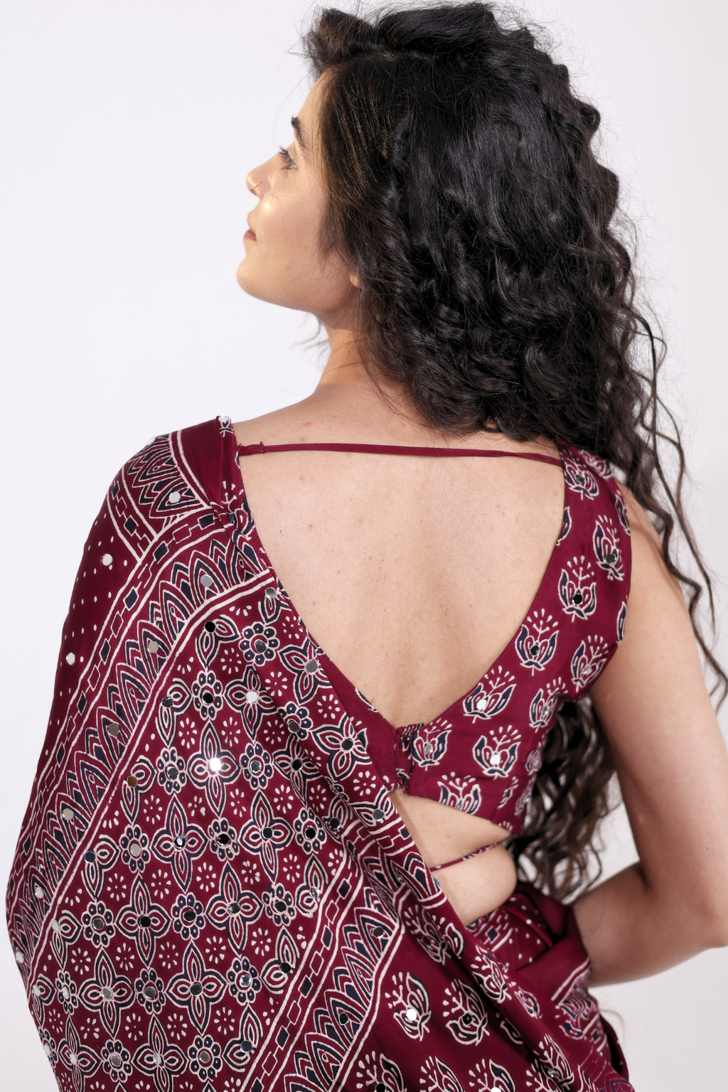 Sheesh Noor - Deep Wine Ajrakh Modal Silk Saree with 2000 Hand-Set Mirrors