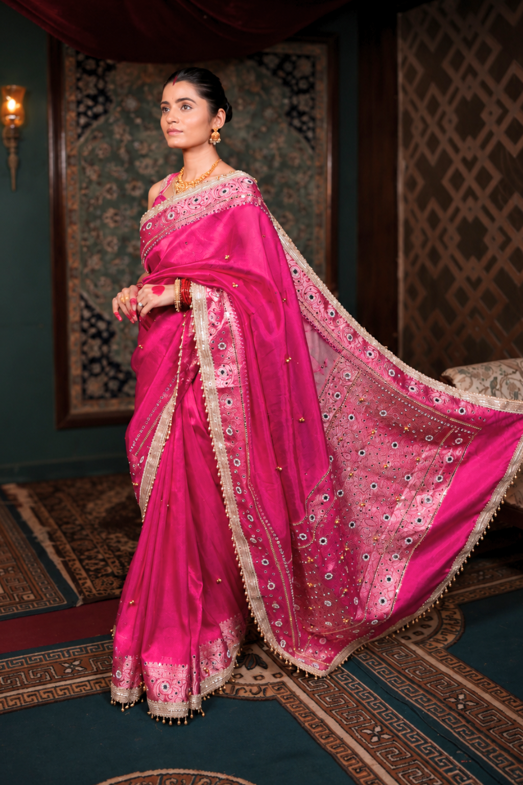Gulaal - Pink Ghungroo Handcrafted Banarasi Tissue Saree with Mirror Work & Pearl Tassels