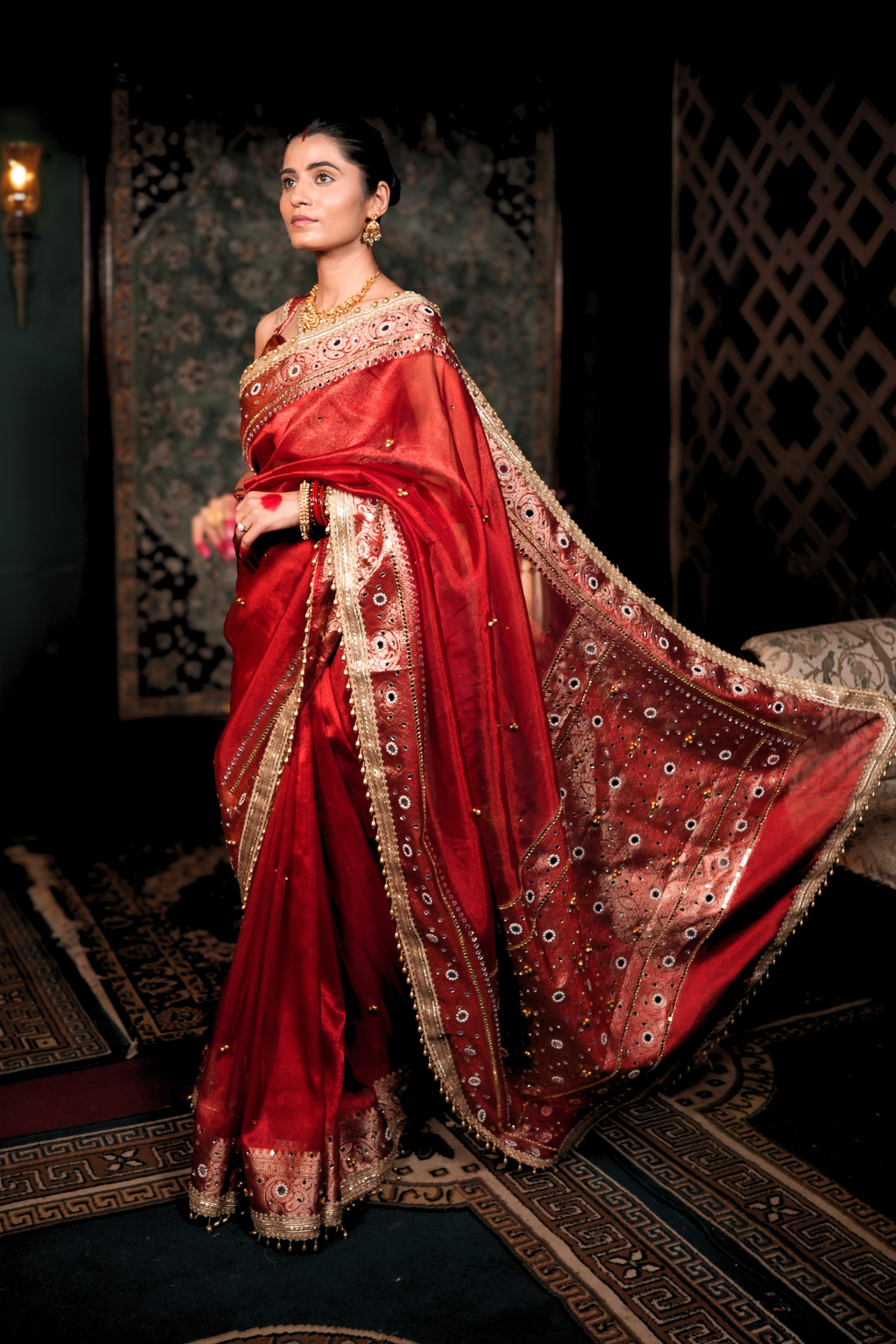 Surkh - Red Ghungroo Handcrafted Banarasi Tissue Saree with Mirror Work & Pearl Tassels