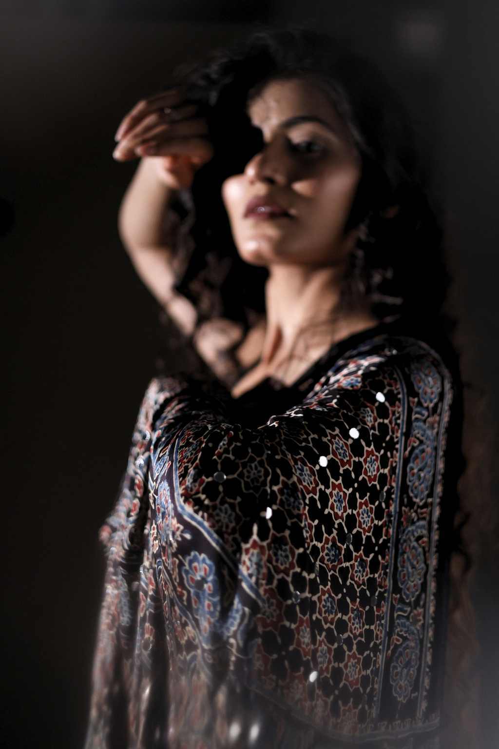 Sheesh Sanam - Charcoal Ajrakh Modal Silk Saree with 2000 Hand-Set Mirrors