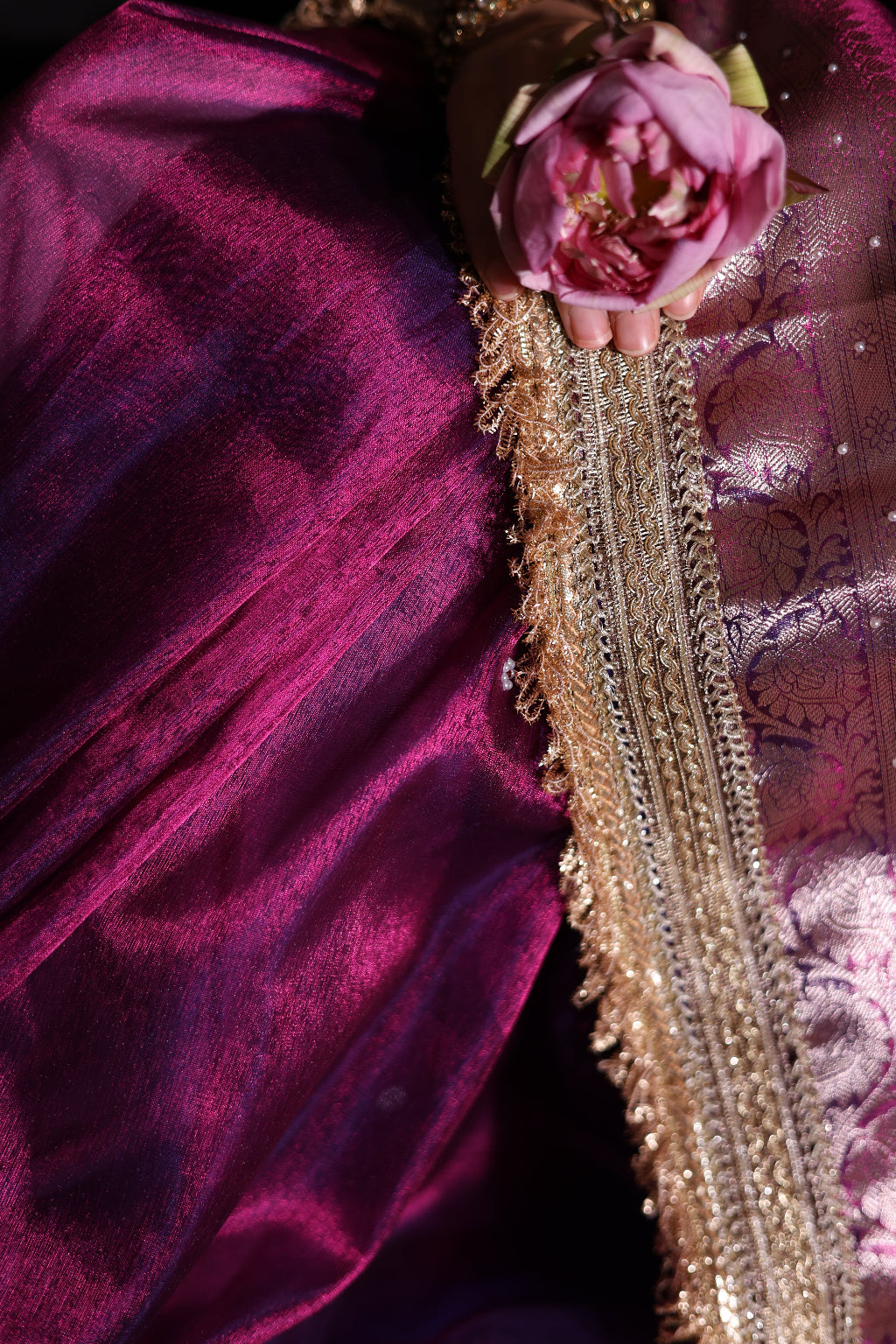 Rani - A regal banarasi tissue silk saree in a vibrant fuchsia, with a stunning golden zari border