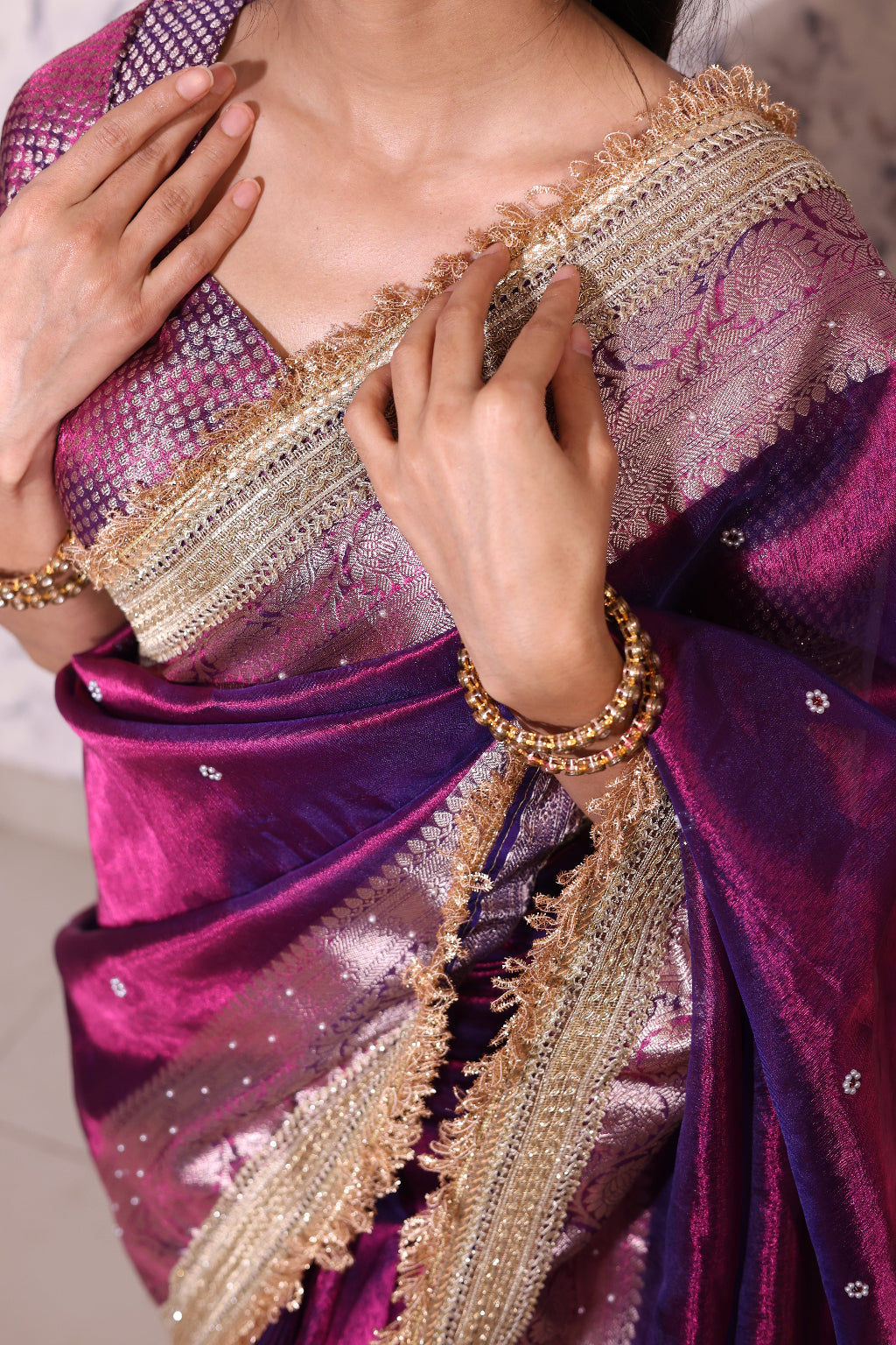 Rani - A regal banarasi tissue silk saree in a vibrant fuchsia, with a stunning golden zari border