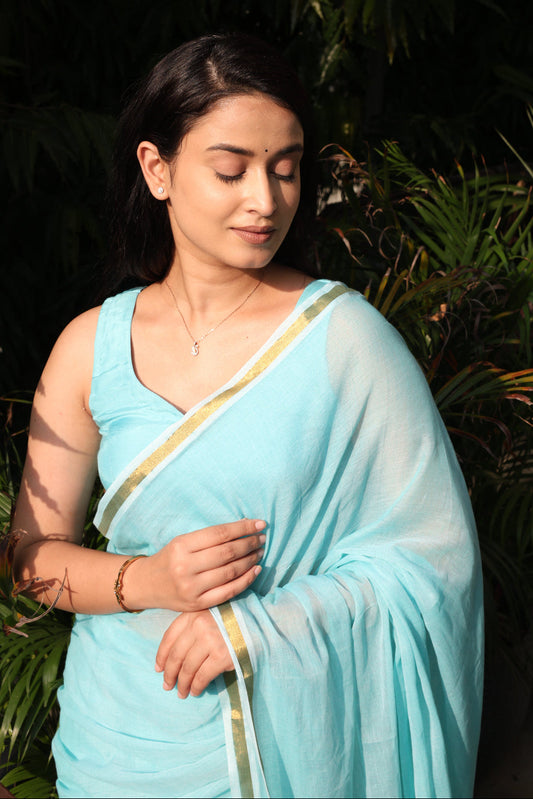 Aasmani – Sky Blue Mul Cotton Saree with Golden Zari