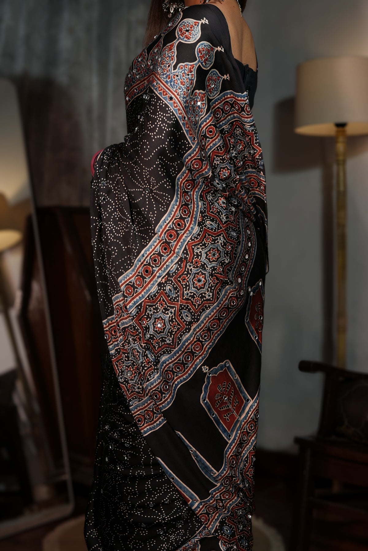 Sheesh Mumtaz - Midnight Black Ajrakh Modal Silk Saree with Architectural Pallu & Mirror Work