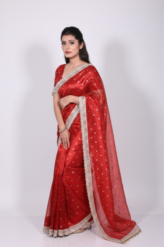 Shagun – A classic red banasri tissue saree with sparkling butis and a beautiful intricate border.