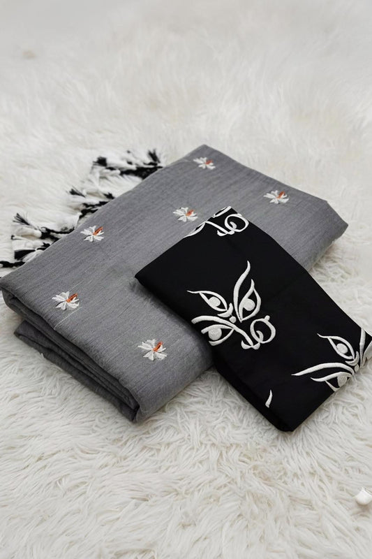 Shakti - Grey Khadi Saree with Divine Durga Embroidered Blouse