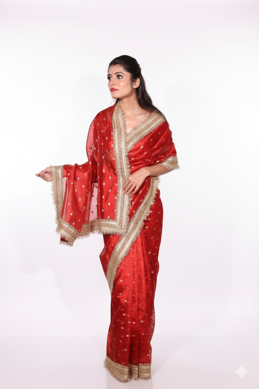 Kumkum – A banarsi silk saree in auspicious red, with shimmering golden butis and an intricate zari border.