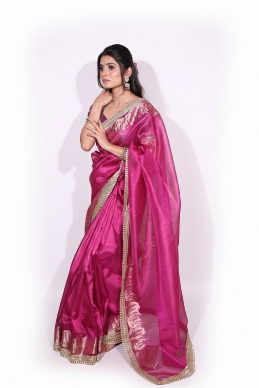 Pari – A pink banarsi tissue silk saree with an elegant golden border and pallu.