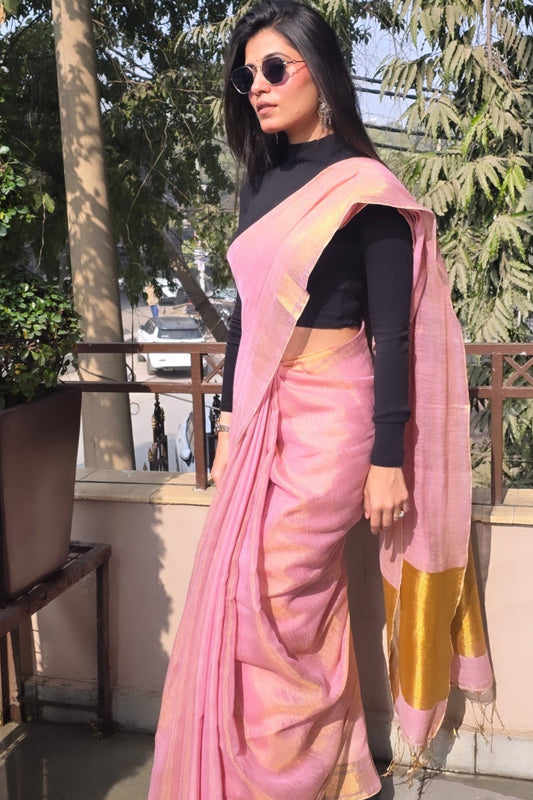 Apsara(Light Pink/Rose Gold) - Shimmering Tissue-Linen Saree for Festive Celebrations