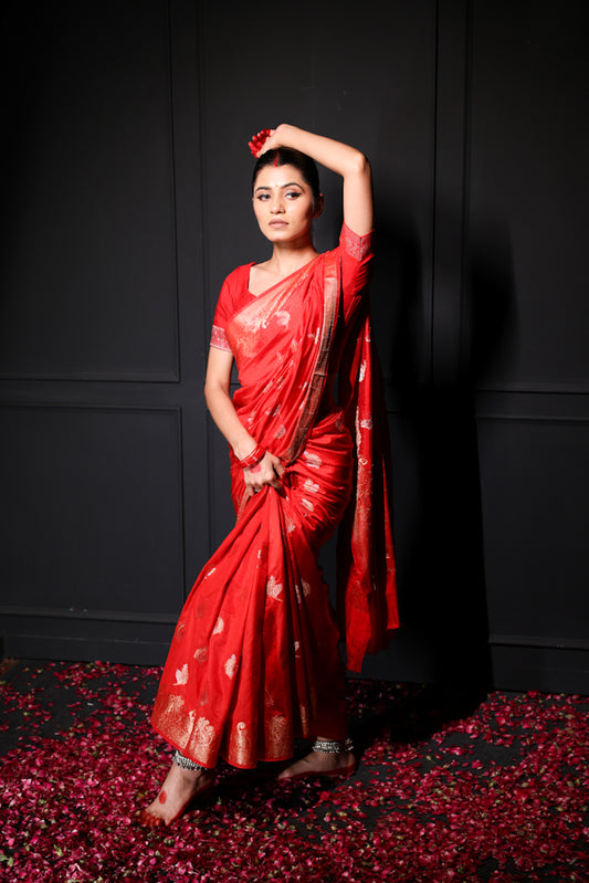Sindoori – Red Semi Katan Saree with Golden Leaf Motifs