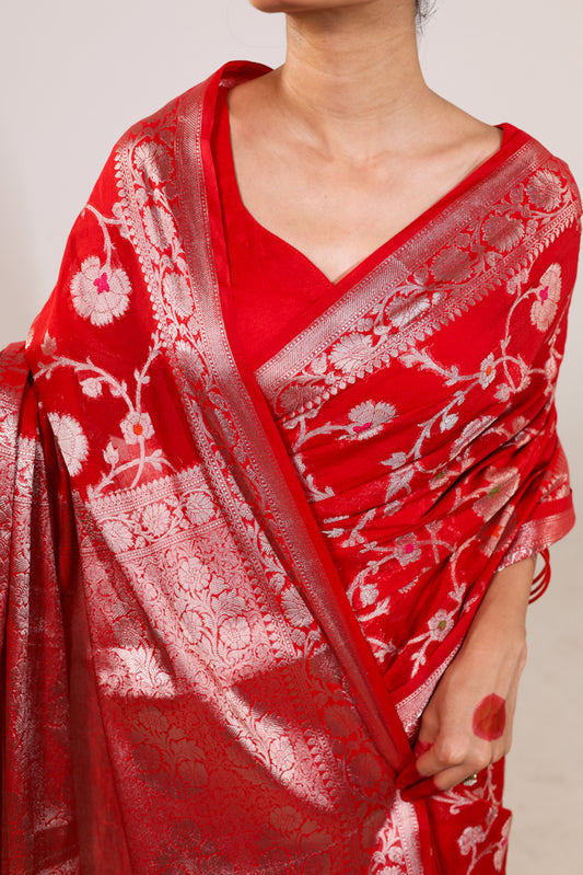 Chaandi – Red Georgette Saree with Silver Zari