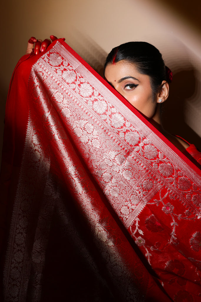 Chaandi – Red Georgette Saree with Silver Zari