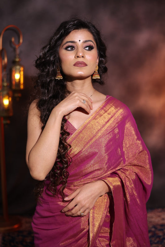 Apsara(Deep Maroon/Plum ) - Shimmering Tissue-Linen Saree for Festive Celebrations