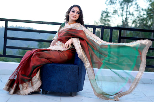 Ruchi - Dual Tone Red & Green Tissue Saree with Scalloped Border