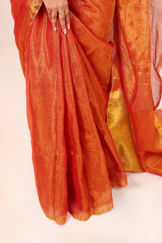 Apsara(Bright Orange/Saffron) - Shimmering Tissue-Linen Saree for Festive Celebrations