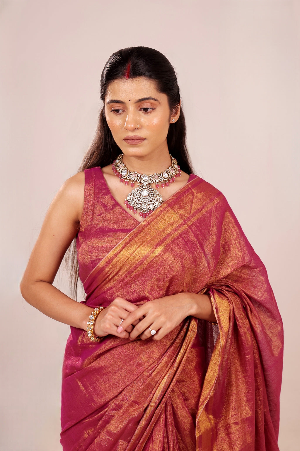 Apsara(Deep Maroon/Plum ) - Shimmering Tissue-Linen Saree for Festive Celebrations