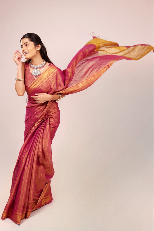 Apsara(Deep Maroon/Plum ) - Shimmering Tissue-Linen Saree for Festive Celebrations
